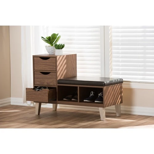 Baxton Studio B-001-Walnut Arielle Walnut Brown Wood 3-Drawer Shoe Storage Padded Leatherette Seating Bench With Two Open Shelves 1 Baxton Studio B-001-Walnut Arielle Walnut Brown Wood 3-Drawer Shoe Storage Padded Leatherette Seating Bench With Two Open Shelves
