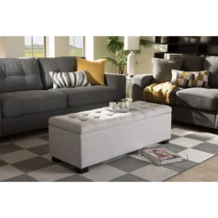 Baxton Studio BBT3101-OTTO-Greyish Beige-H1217-14 Roanoke Grayish Beige Fabric Upholstered Grid-Tufting Storage Ottoman Bench