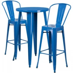 Flash Furniture CH-51080BH-2-30CAFE-BL-GG 24" Round Metal Bar Table Set With 2 Cafe Barstools Set In Blue