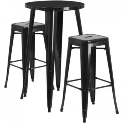 Flash Furniture CH-51080BH-2-30SQST-BK-GG 24" Round Bar Table Set With 2 Square Seat Backless Barstools In Black
