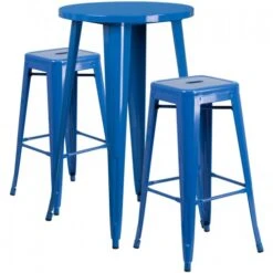 Flash Furniture CH-51080BH-2-30SQST-BL-GG 24" Round Bar Table Set With 2 Square Seat Backless Barstools In Blue