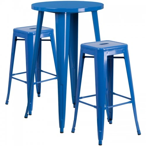 Flash Furniture CH-51080BH-2-30SQST-BL-GG 24" Round Bar Table Set With 2 Square Seat Backless Barstools In Blue 1 Flash Furniture CH-51080BH-2-30SQST-BL-GG 24" Round Bar Table Set With 2 Square Seat Backless Barstools In Blue
