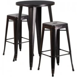 Flash Furniture CH-51080BH-2-30SQST-BQ-GG 24"Round Bar Table Set With 2 Square Seat Backless Barstools In Antique
