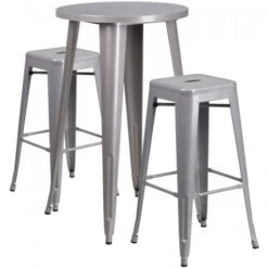 Flash Furniture CH-51080BH-2-30SQST-SIL-GG 24" Round Bar Table Set With 2 Square Seat Backless Barstools In Silver