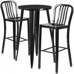 Flash Furniture CH-51080BH-2-30VRT-BK-GG 24" Round Metal Bar Table Set With 2 Vertical Slat Back Barstools In Black
