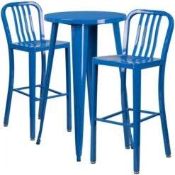 Flash Furniture CH-51080BH-2-30VRT-BL-GG 24" Round Metal Bar Table Set With 2 Vertical Slat Back Barstools In Blue