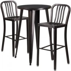 Flash Furniture CH-51080BH-2-30VRT-BQ-GG 24"Round Metal Bar Table Set With 2 Vertical Slat Back Barstools In Antique
