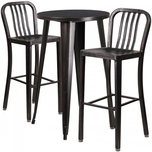 Flash Furniture CH-51080BH-2-30VRT-BQ-GG 24"Round Metal Bar Table Set With 2 Vertical Slat Back Barstools In Antique 1 Flash Furniture CH-51080BH-2-30VRT-BQ-GG 24"Round Metal Bar Table Set With 2 Vertical Slat Back Barstools In Antique
