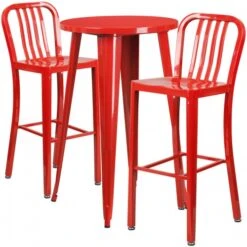 Flash Furniture CH-51080BH-2-30VRT-RED-GG 24" Round Metal Bar Table Set With 2 Vertical Slat Back Barstools In Red
