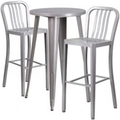 Flash Furniture CH-51080BH-2-30VRT-SIL-GG 24" Round Metal Bar Table Set With 2 Vertical Slat Back Barstools In Silver