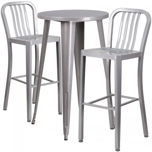 Flash Furniture CH-51080BH-2-30VRT-SIL-GG 24" Round Metal Bar Table Set With 2 Vertical Slat Back Barstools In Silver 1 Flash Furniture CH-51080BH-2-30VRT-SIL-GG 24" Round Metal Bar Table Set With 2 Vertical Slat Back Barstools In Silver