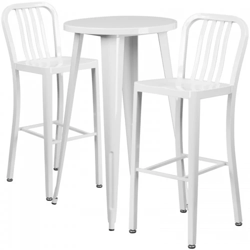Flash Furniture CH-51080BH-2-30VRT-WH-GG 24" Round Metal Bar Table Set With 2 Vertical Slat Back Barstools In White 1 Flash Furniture CH-51080BH-2-30VRT-WH-GG 24" Round Metal Bar Table Set With 2 Vertical Slat Back Barstools In White