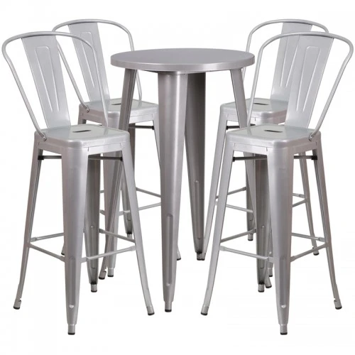 Flash Furniture CH-51080BH-4-30CAFE-SIL-GG 24" Round Metal Bar Table Set With 4 Cafe Barstools In Silver 1 Flash Furniture CH-51080BH-4-30CAFE-SIL-GG 24" Round Metal Bar Table Set With 4 Cafe Barstools In Silver