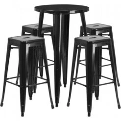 Flash Furniture CH-51080BH-4-30SQST-BK-GG 24" Round Bar Table Set With 4 Square Seat Backless Barstools In Black
