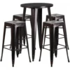 Flash Furniture CH-51080BH-4-30SQST-BQ-GG 24"Round Bar Table Set With 4 Square Seat Backless Barstools In Antique