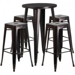 Flash Furniture CH-51080BH-4-30SQST-BQ-GG 24"Round Bar Table Set With 4 Square Seat Backless Barstools In Antique