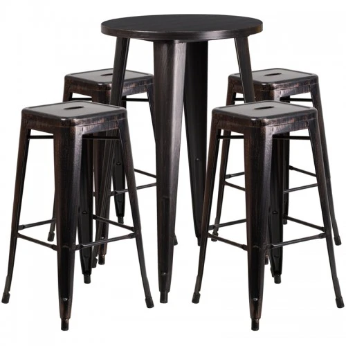 Flash Furniture CH-51080BH-4-30SQST-BQ-GG 24"Round Bar Table Set With 4 Square Seat Backless Barstools In Antique 1 Flash Furniture CH-51080BH-4-30SQST-BQ-GG 24"Round Bar Table Set With 4 Square Seat Backless Barstools In Antique