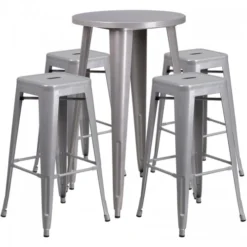 Flash Furniture CH-51080BH-4-30SQST-SIL-GG 24" Round Bar Table Set With 4 Square Seat Backless Barstools In Silver