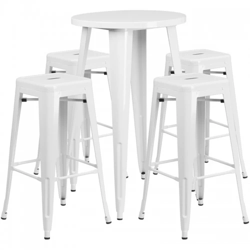 Flash Furniture CH-51080BH-4-30SQST-WH-GG 24" Round Bar Table Set With 4 Square Seat Backless Barstools In White 1 Flash Furniture CH-51080BH-4-30SQST-WH-GG 24" Round Bar Table Set With 4 Square Seat Backless Barstools In White