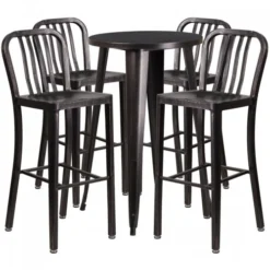 Flash Furniture CH-51080BH-4-30VRT-BQ-GG 24"Round Metal Bar Table Set With 4 Vertical Slat Back Barstools In Antique