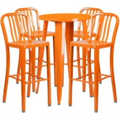 Flash Furniture CH-51080BH-4-30VRT-OR-GG 24" Round Metal Bar Table Set With 4 Vertical Slat Back Barstools In Orange