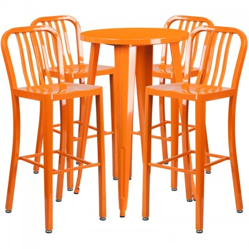 Flash Furniture CH-51080BH-4-30VRT-OR-GG 24" Round Metal Bar Table Set With 4 Vertical Slat Back Barstools In Orange 1 Flash Furniture CH-51080BH-4-30VRT-OR-GG 24" Round Metal Bar Table Set With 4 Vertical Slat Back Barstools In Orange