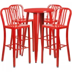Flash Furniture CH-51080BH-4-30VRT-RED-GG 24" Round Metal Bar Table Set With 4 Vertical Slat Back Barstools In Red