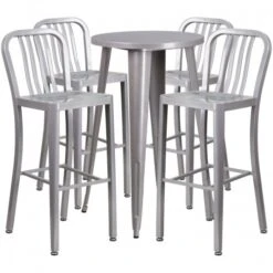 Flash Furniture CH-51080BH-4-30VRT-SIL-GG 24" Round Metal Bar Table Set With 4 Vertical Slat Back Barstools In Silver