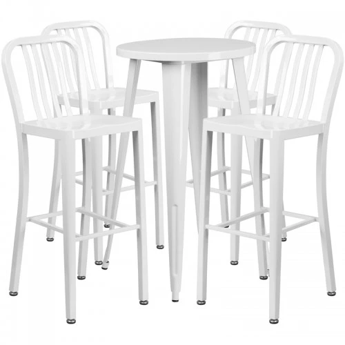 Flash Furniture CH-51080BH-4-30VRT-WH-GG 24" Round Metal Bar Table Set With 4 Vertical Slat Back Barstools In White 1 Flash Furniture CH-51080BH-4-30VRT-WH-GG 24" Round Metal Bar Table Set With 4 Vertical Slat Back Barstools In White