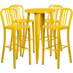 Flash Furniture CH-51080BH-4-30VRT-YL-GG 24" Round Metal Bar Table Set With 4 Vertical Slat Back Barstools In Yellow