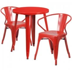 Flash Furniture CH-51080TH-2-18ARM-RED-GG 24" Round Metal Table Set With Arm Chairs In Red