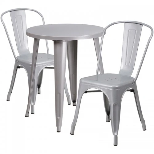 Flash Furniture CH-51080TH-2-18CAFE-SIL-GG 24" Round Metal Table Set With Cafe Chairs In Silver 1 Flash Furniture CH-51080TH-2-18CAFE-SIL-GG 24" Round Metal Table Set With Cafe Chairs In Silver