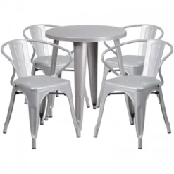 Flash Furniture CH-51080TH-4-18ARM-SIL-GG 24" Round Metal Table Set With Arm Chairs In Silver