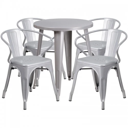Flash Furniture CH-51080TH-4-18ARM-SIL-GG 24" Round Metal Table Set With Arm Chairs In Silver 1 Flash Furniture CH-51080TH-4-18ARM-SIL-GG 24" Round Metal Table Set With Arm Chairs In Silver