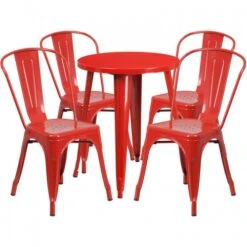 Flash Furniture CH-51080TH-4-18CAFE-RED-GG 24" Round Metal Table Set With Cafe Chairs In Red