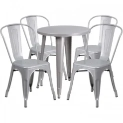 Flash Furniture CH-51080TH-4-18CAFE-SIL-GG 24" Round Metal Table Set With Cafe Chairs In Silver