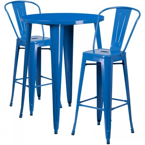 Flash Furniture CH-51090BH-2-30CAFE-BL-GG 30" Round Metal Bar Table Set With Cafe Barstools In Blue 1 Flash Furniture CH-51090BH-2-30CAFE-BL-GG 30" Round Metal Bar Table Set With Cafe Barstools In Blue