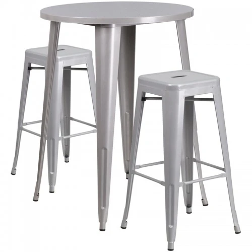 Flash Furniture CH-51090BH-2-30SQST-SIL-GG 30" Round Bar Table Set In Silver 1 Flash Furniture CH-51090BH-2-30SQST-SIL-GG 30" Round Bar Table Set In Silver
