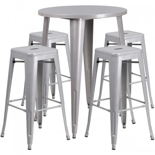 Flash Furniture CH-51090BH-4-30SQST-SIL-GG 30" Round Bar Table Set In Silver 1 Flash Furniture CH-51090BH-4-30SQST-SIL-GG 30" Round Bar Table Set In Silver