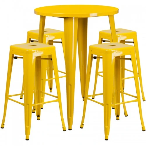 Flash Furniture CH-51090BH-4-30SQST-YL-GG 30" Round Bar Table Set In Yellow 1 Flash Furniture CH-51090BH-4-30SQST-YL-GG 30" Round Bar Table Set In Yellow