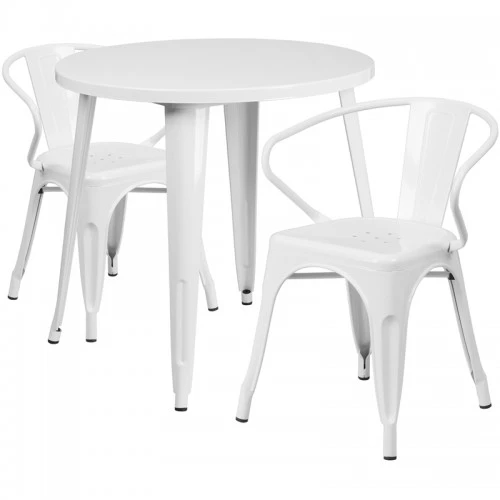 Flash Furniture CH-51090TH-2-18ARM-WH-GG 30" Round Metal Table Set In White 1 Flash Furniture CH-51090TH-2-18ARM-WH-GG 30" Round Metal Table Set In White