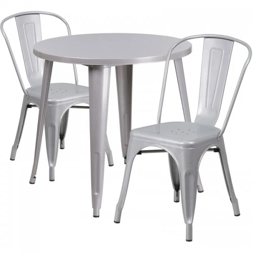 Flash Furniture CH-51090TH-2-18CAFE-SIL-GG 30" Round Metal Table Set In Silver 1 Flash Furniture CH-51090TH-2-18CAFE-SIL-GG 30" Round Metal Table Set In Silver