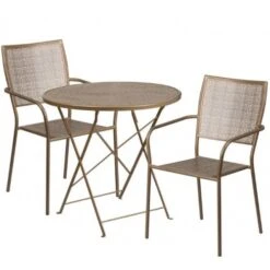 Flash Furniture CO-30RDF-02CHR2-GD-GG 30" Round Steel Folding Patio Table Set With 2 Square Back Chairs In Gold