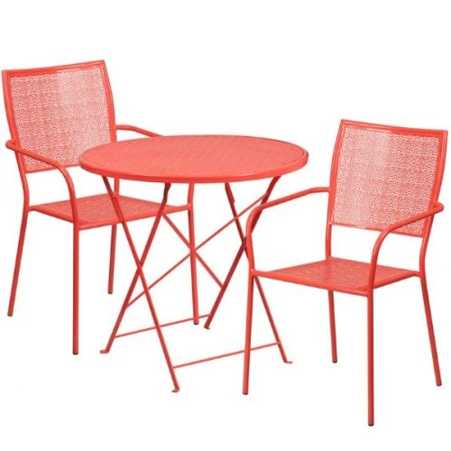 Flash Furniture CO-30RDF-02CHR2-RED-GG 30" Round Steel Folding Patio Table Set With 2 Square Back Chairs In Coral 1 Flash Furniture CO-30RDF-02CHR2-RED-GG 30" Round Steel Folding Patio Table Set With 2 Square Back Chairs In Coral