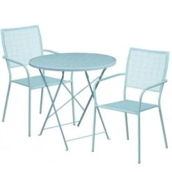 Flash Furniture CO-30RDF-02CHR2-SKY-GG 30" Round Steel Folding Patio Table Set With 2 Square Back Chairs In Blue