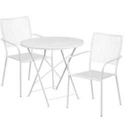 Flash Furniture CO-30RDF-02CHR2-WH-GG 30" Round Steel Folding Patio Table Set With 2 Square Back Chairs In White
