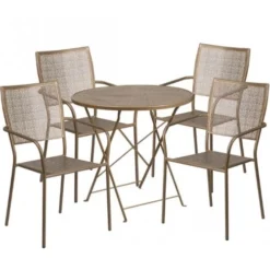 Flash Furniture CO-30RDF-02CHR4-GD-GG 30" Round Steel Folding Patio Table Set With 4 Square Back Chairs In Gold