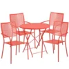 Flash Furniture CO-30RDF-02CHR4-RED-GG 30" Round Steel Folding Patio Table Set With 4 Square Back Chairs In Coral