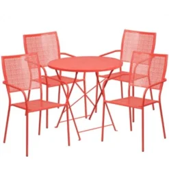 Flash Furniture CO-30RDF-02CHR4-RED-GG 30" Round Steel Folding Patio Table Set With 4 Square Back Chairs In Coral