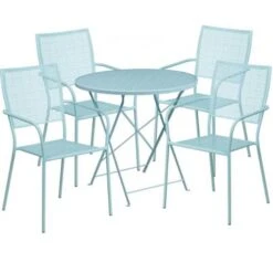 Flash Furniture CO-30RDF-02CHR4-SKY-GG 30" Round Steel Folding Patio Table Set With 4 Square Back Chairs In Blue